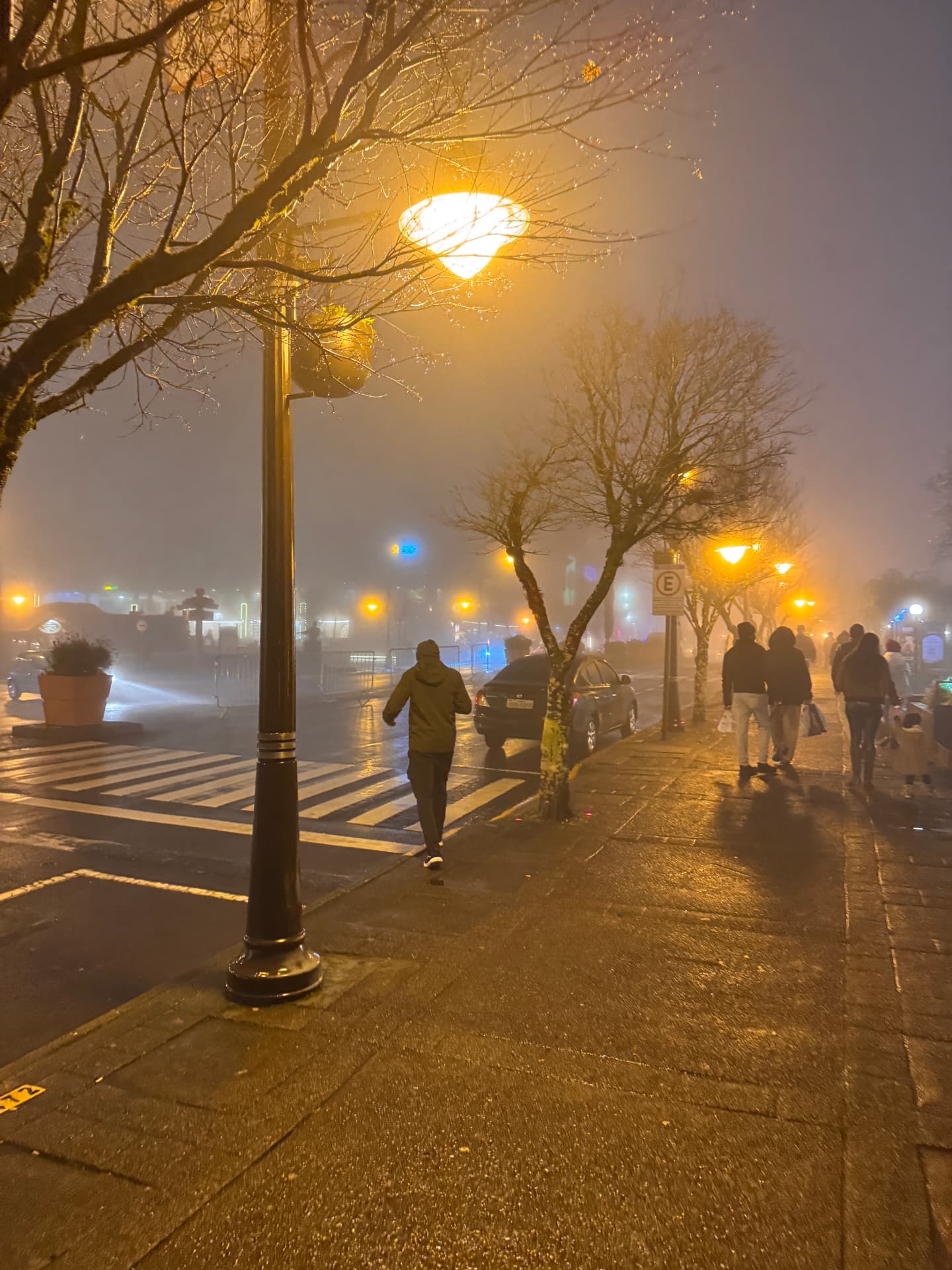 Rua de Gramado à noite com neblina e poste de luz alaranjado