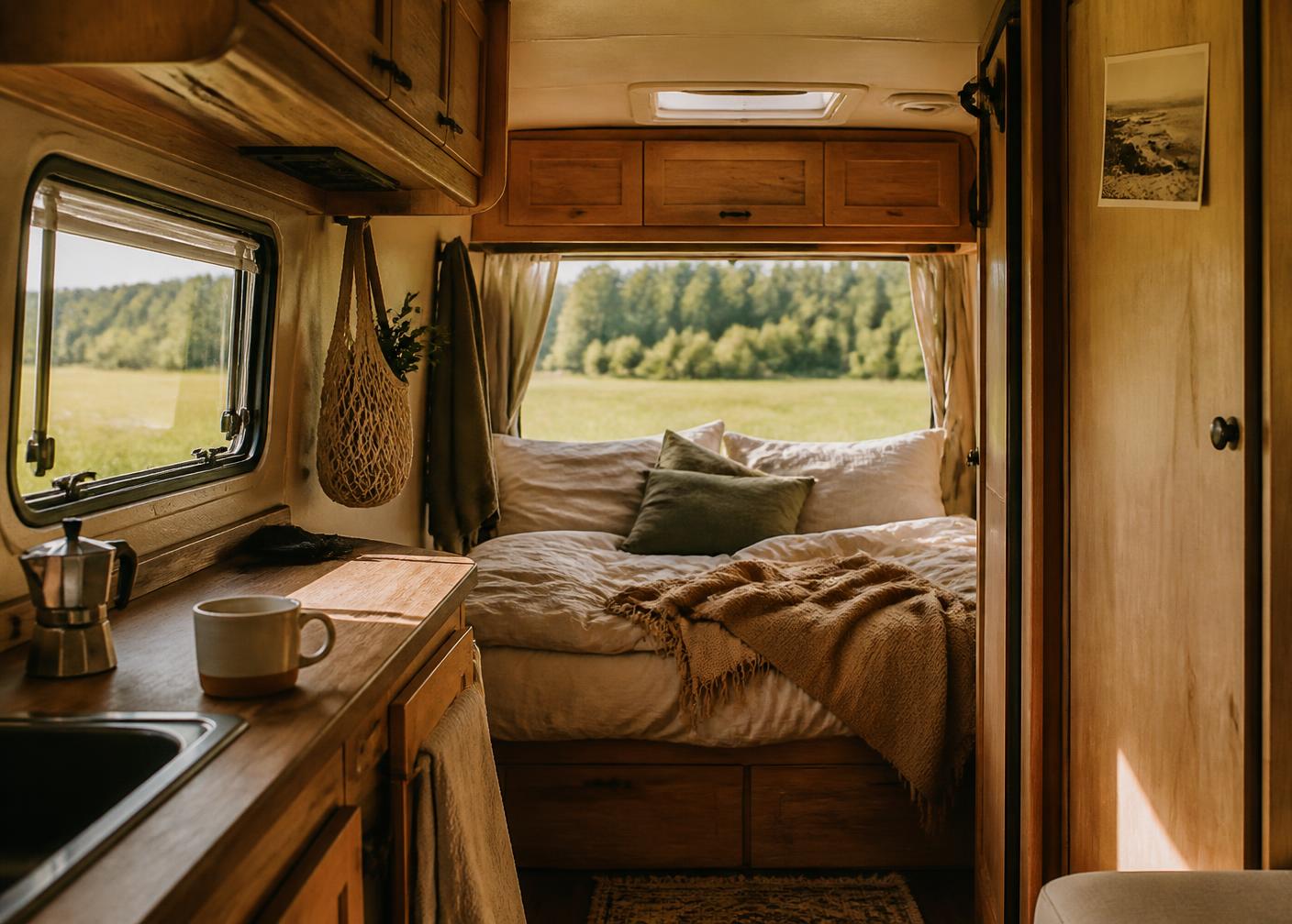 Interior do motorhome com cama arrumada e café na bancada